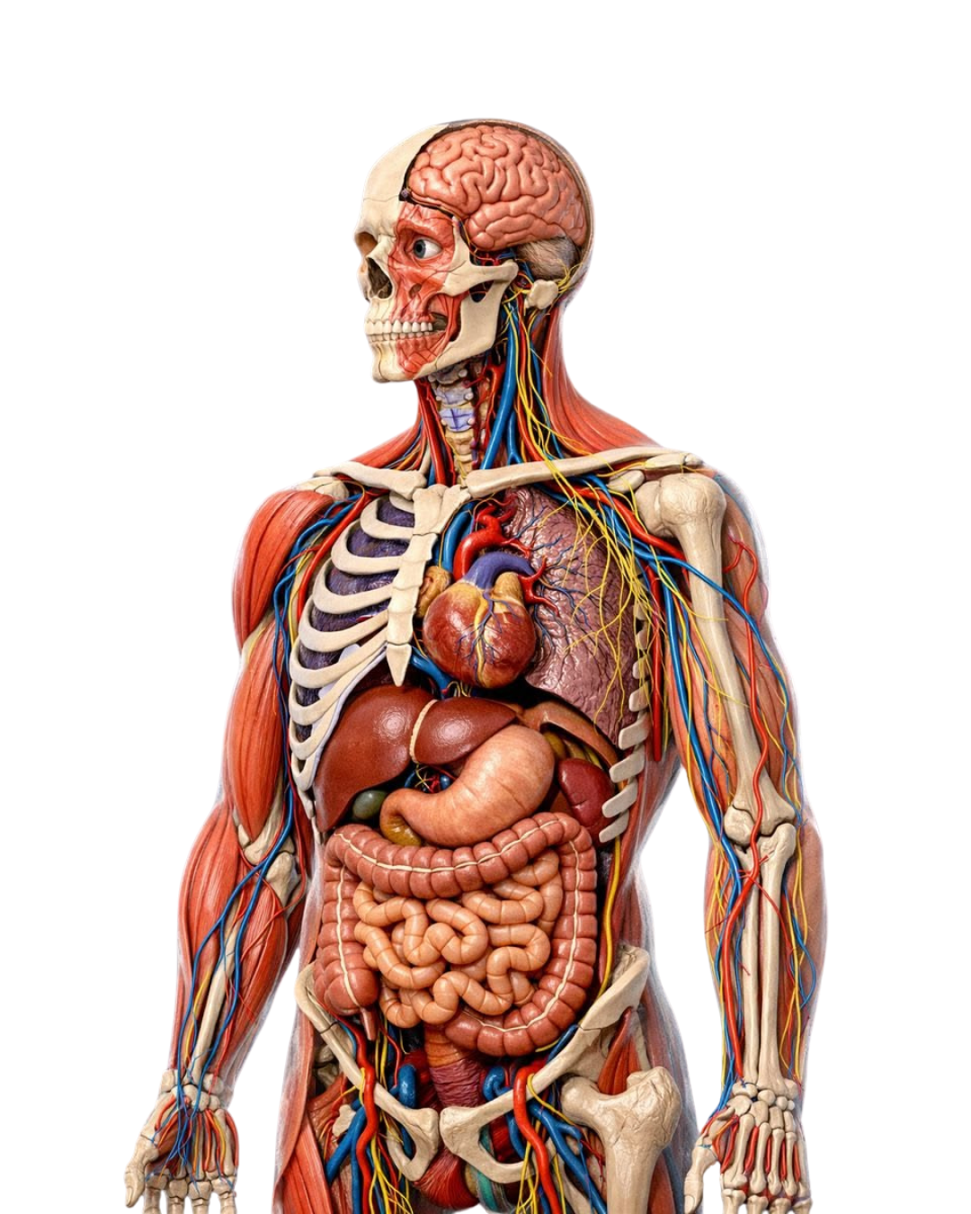 Modelo anatómico del cuerpo humano mostrando órganos, sistema vascular y sistema nervioso
